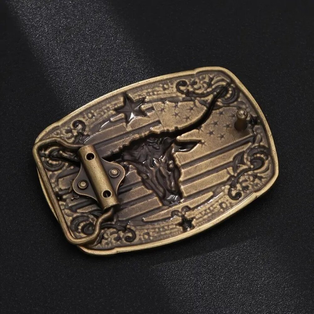 American Flag Bull Western Cowboy, Cowgirl Belt Buckle Antique Bronze Tone‎ - Picture 2 of 3